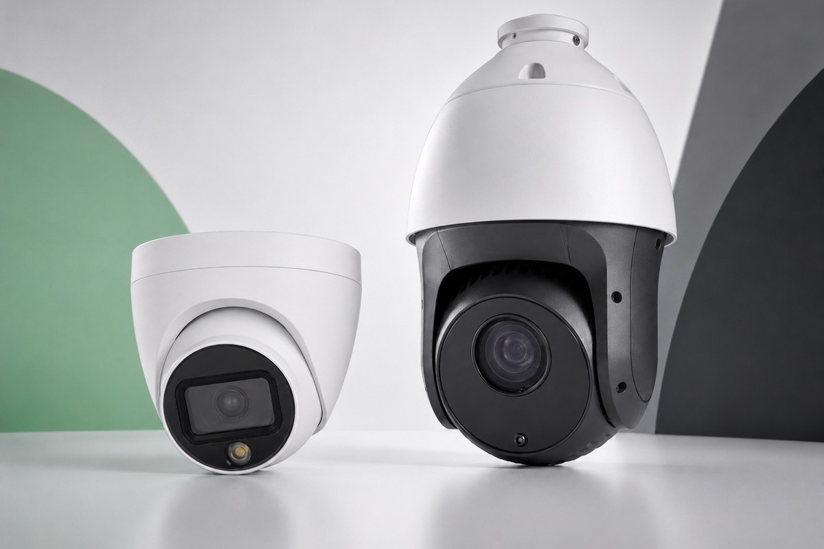 Duas câmeras de segurança modernas em estúdio, uma dome e uma PTZ